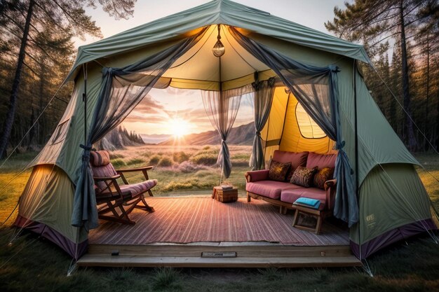 Acampamento ao ar livre viagem de tenda relaxar descanso instalar tenda na floresta