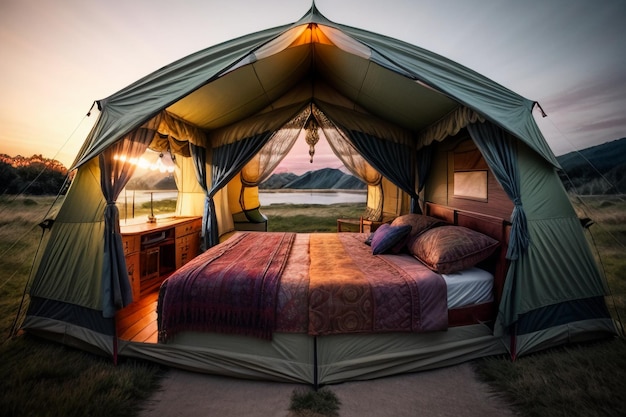 Acampamento ao ar livre viagem de tenda relaxar descanso instalar tenda na floresta