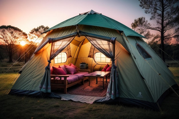 Acampamento ao ar livre viagem de tenda relaxar descanso instalar tenda na floresta