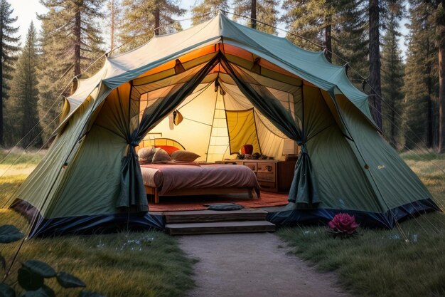 Acampamento ao ar livre viagem de tenda relaxar descanso instalar tenda na floresta