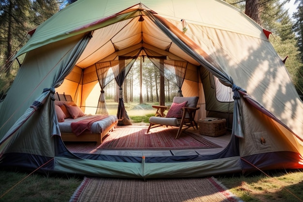 Acampamento ao ar livre viagem de tenda relaxar descanso instalar tenda na floresta