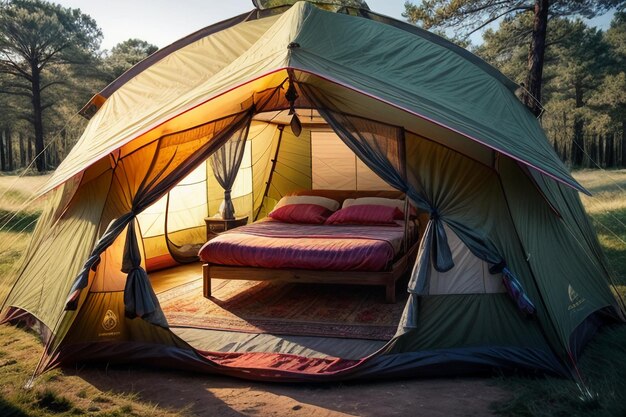 Acampamento ao ar livre viagem de tenda relaxar descanso instalar tenda na floresta