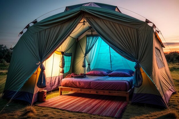 Acampamento ao ar livre viagem de tenda relaxar descanso instalar tenda na floresta