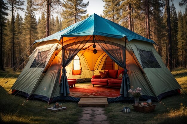 Acampamento ao ar livre viagem de tenda relaxar descanso instalar tenda na floresta