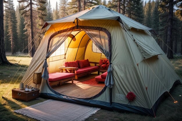 Acampamento ao ar livre viagem de tenda relaxar descanso instalar tenda na floresta