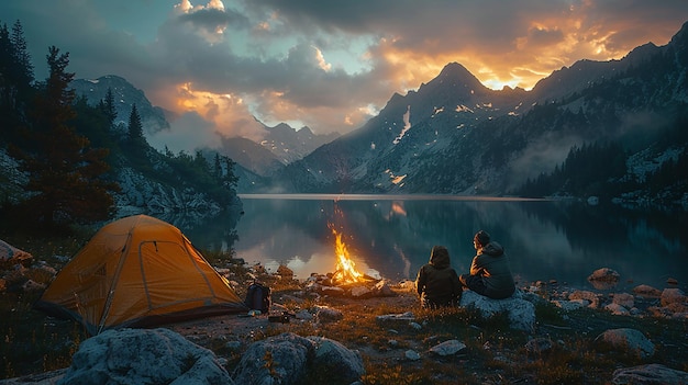 Acampamento ao redor da tenda de fogueira da montanha
