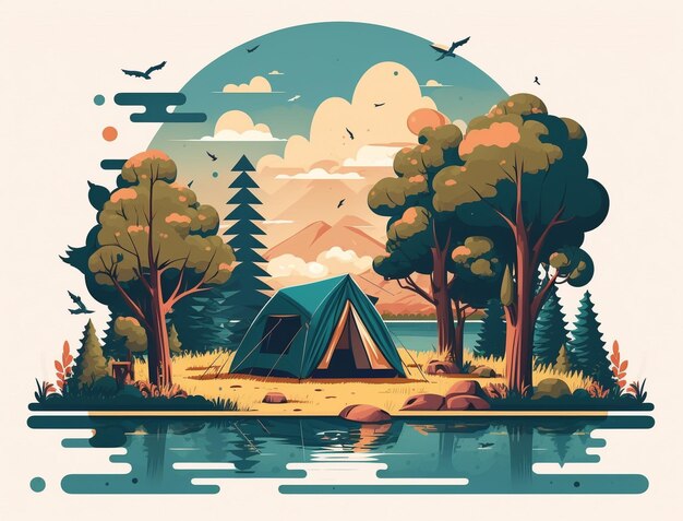 Acampamento com árvores lago e acampamento sob uma tenda