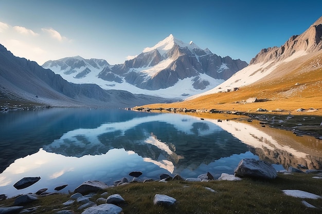 Acampamento com tenda perto de um lago de alta altitude nos Alpes reflexo da cordilheira coberta de neve e paisagem