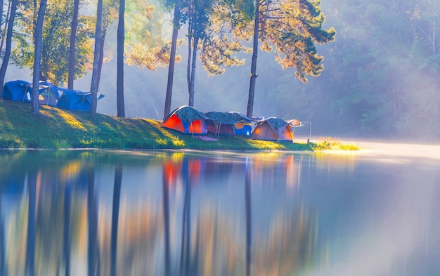 Acampamento de aventuras turismo e tenda sob a floresta de pinheiros, com reflexo na água em mor