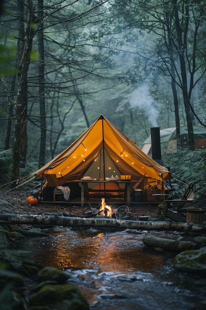 Acampamento de tendas ao longo de um riacho arborizado