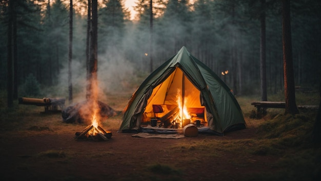 acampamento na floresta com fogueira