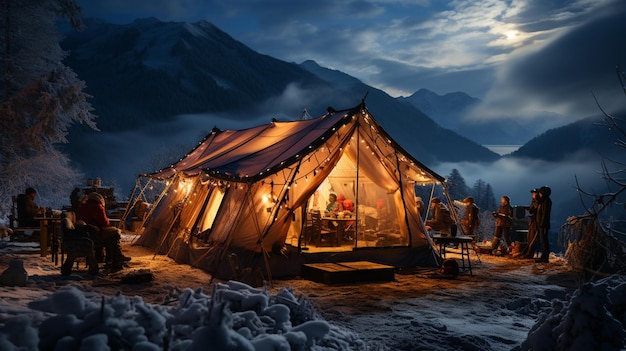 Acampamento nas montanhas Acampamento numa noite de inverno
