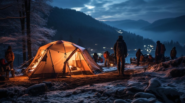Acampamento nas montanhas Acampamento numa noite de inverno
