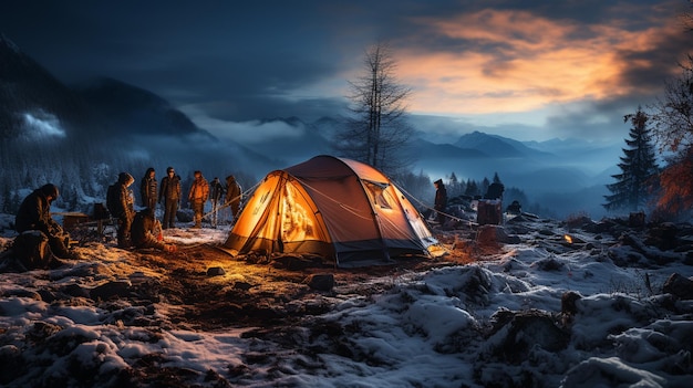 Acampamento nas montanhas Acampamento numa noite de inverno