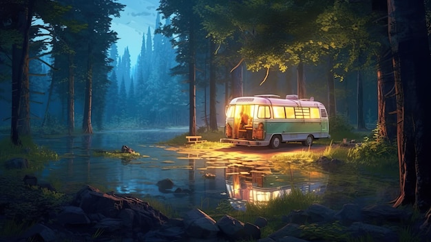 Acampamento noturno em um campista vintage Um carro com janelas bem iluminadas fica na floresta noturna no lago