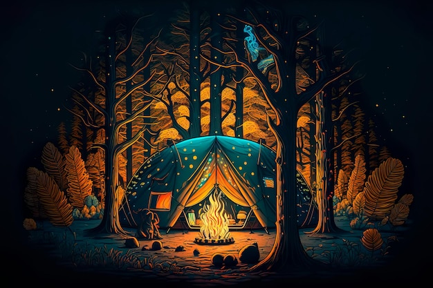 Acampamento noturno na floresta profunda com uma barraca com fogo Generative AI