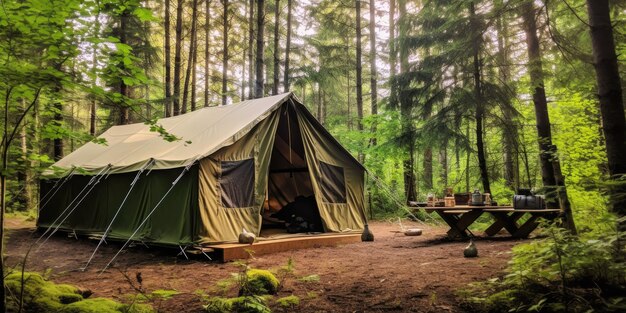 acampamento tenda Khaki na floresta descanso selvagem tranquilidade da natureza
