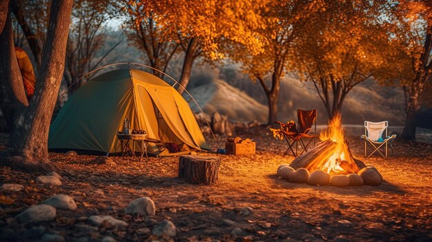 Acampamento turístico com tenda de fogo e lenha turva fundo cintilante