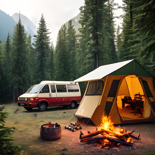 Foto acampamento turístico florestal com fogueiras e vans