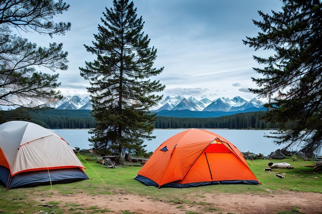 Acampamento turístico na tenda das montanhas na IA generativa em primeiro plano