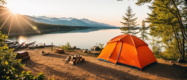 Acampamento turístico na tenda das montanhas na IA generativa em primeiro plano