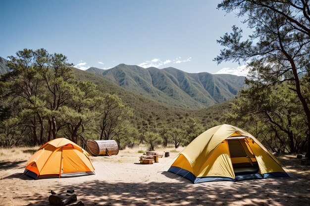 Acampamento turístico nas montanhas tenda em primeiro plano IA generativa