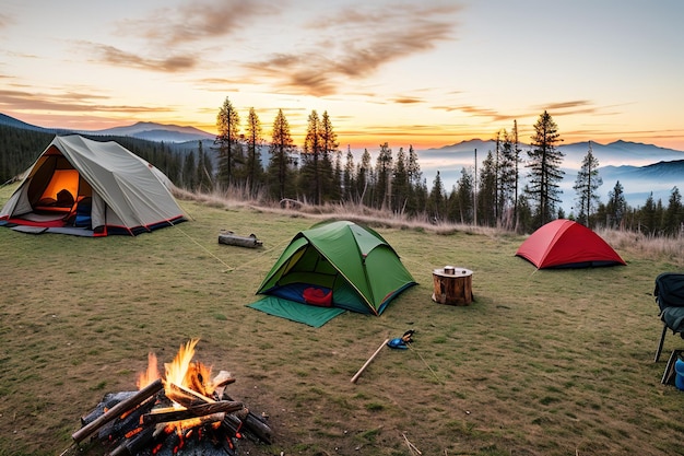 Acampamento turístico nas montanhas tenda em primeiro plano IA generativa