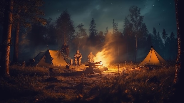 Acampando en el bosque por la noche con una hoguera y una tienda