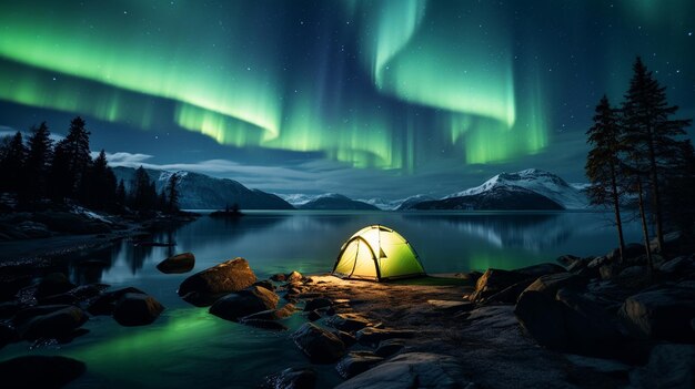 Acampando em um lago selvagem com uma tenda iluminada vendo uma espetacular aurora verde das luzes do norte