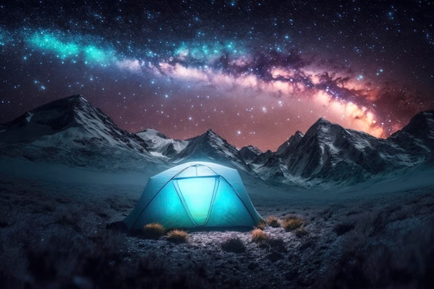 Acampando bajo las estrellas Una carpa levantada y brillando bajo la vía láctea