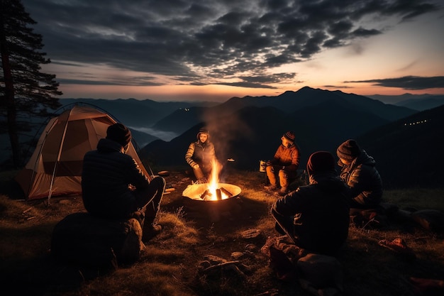 Acampando en una montaña con hermosas vistas con amigos