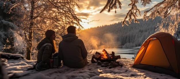 Foto acampando na floresta de inverno de um casal apaixonado