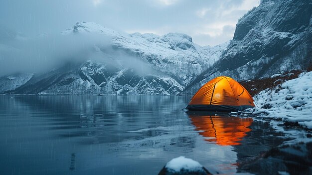 Foto acampando solo en las montañas junto a un lago congelado