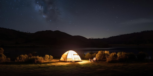 Acampar à noite céu noturno estrelado vista para a montanha Generative AI AIG20