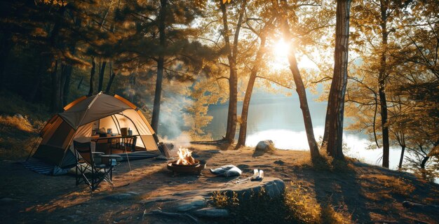 acampar al aire libre en el bosque con fogata y tienda de campaña