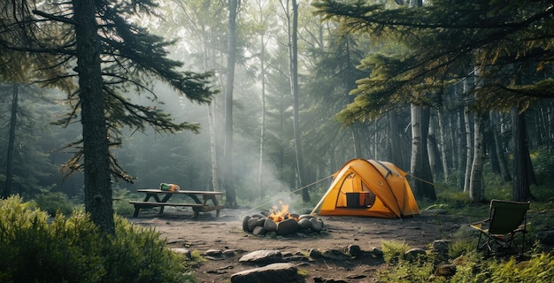 acampar al aire libre en el bosque con fogata y tienda de campaña