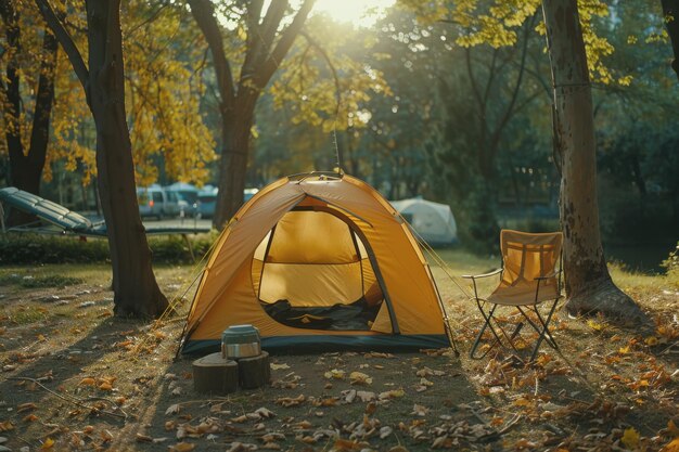 Acampar al aire libre con mucha luz solar con una tienda de campaña dos sillas de acampada al aire libre estante de barbacoa