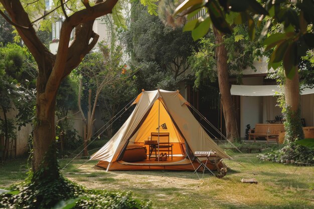 Acampar al aire libre con mucha luz solar con una tienda de campaña dos sillas de acampada al aire libre estante de barbacoa