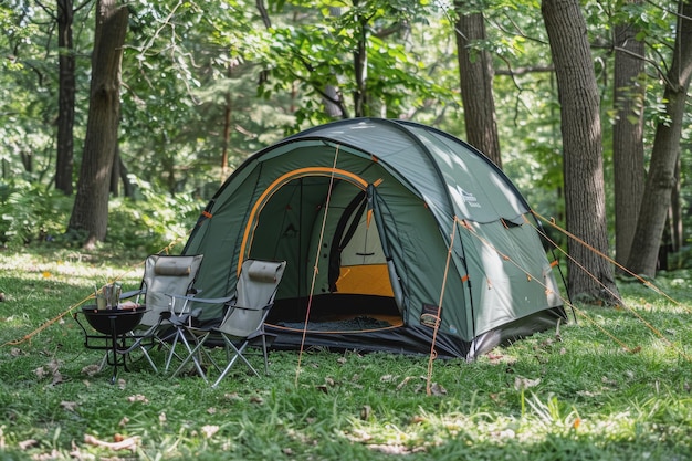 Acampar ao ar livre com muita luz solar com uma tenda duas cadeiras de acampamento ao ar livre rack de churrasco