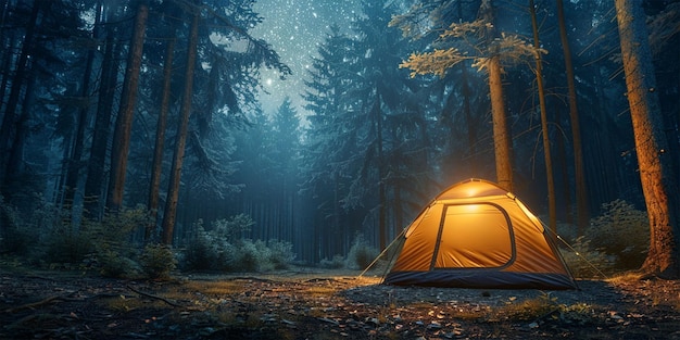 Foto acampar en el bosque rodeado de pinos con hoguera por la noche