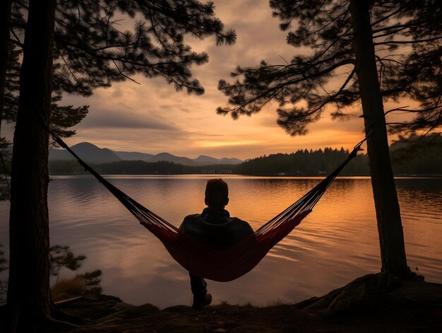 Foto acampar cerca del lago y la montaña hacer senderismo y acampar en la ladera de la colina disfrutar de las vacaciones en el campamento