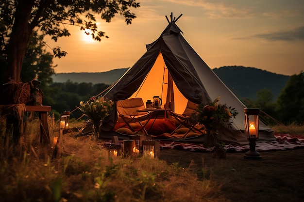 Acampar en cómodas tiendas de campaña de lujo en la naturaleza. Foto de camping.