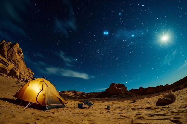 Foto acampar en el desierto por la noche con el cielo estrellado y la luna