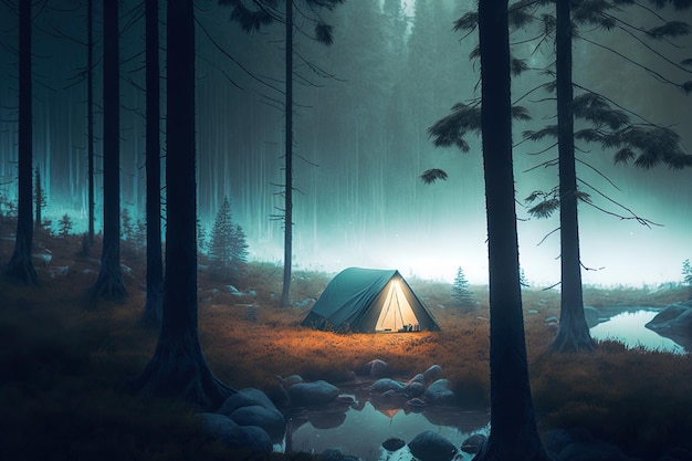Acampar em uma floresta escura e nebulosa fogueira noite floresta nevoeiro luar noite aconchegante perto do fogo AI