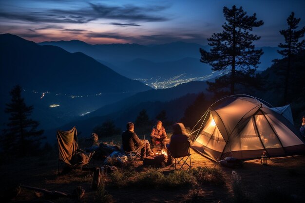 Acampar em uma montanha com belas vistas com amigos