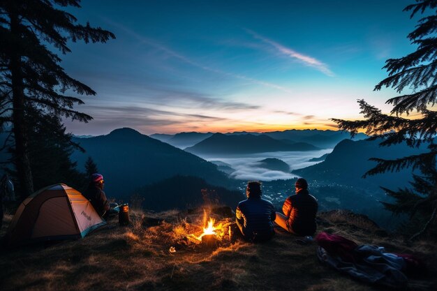 Acampar em uma montanha com belas vistas com amigos