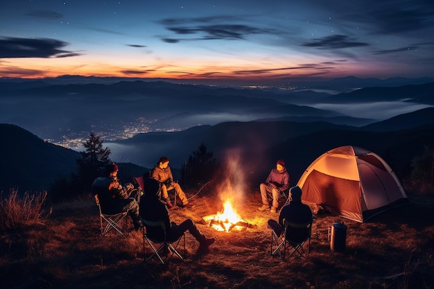 Acampar em uma montanha com belas vistas com amigos