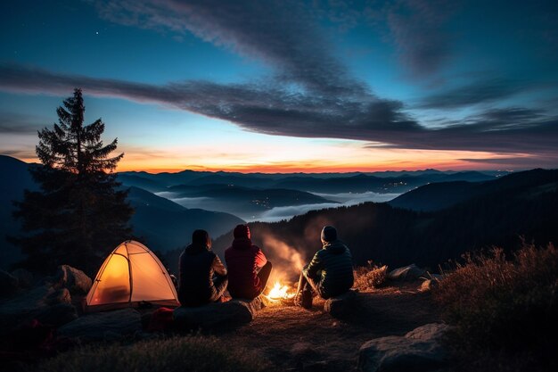 Acampar em uma montanha com belas vistas com amigos