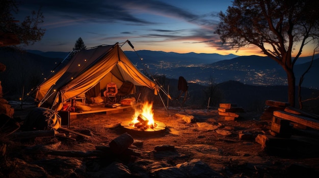 Foto acampar bajo las estrellas con vistas a la ciudad