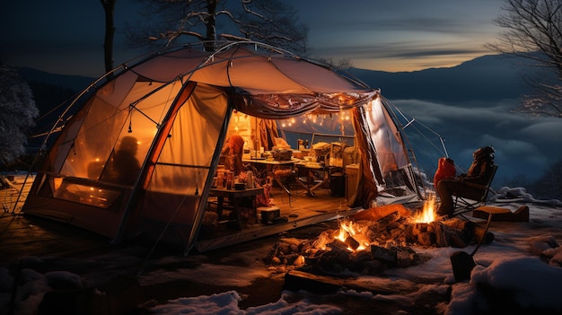 Acampar en las montañas Acampar en una noche de invierno